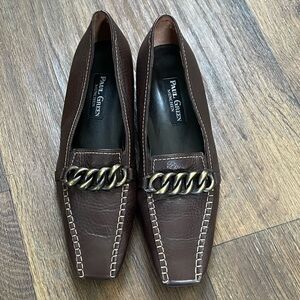 Paul Green Dark Brown Leather Chain-Trim Loafers